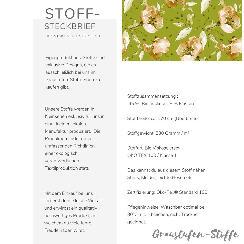 Viskosejersey  Eigenproduktion "Vintage Flowers 2023 -WildPistachio" - von Graustufen-Stoffe